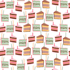 Seamless vector pattern of cake with candles. Background with dessert for valentine day, birthday, wedding. Vintage scribble wallpaper, wrapping paper, textile design