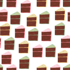Seamless vector pattern with hand drawn chocolate cake. Background with dessert for valentine day, birthday, wedding. Vintage scribble wallpaper, wrapping paper, textile design