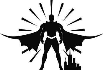 Flat Isometric Vector of Superhero Silhouette Over Futuristic City Skyline – Cinematic Light Rays Illustration