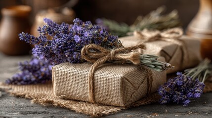 Rustic natural gifts wrapped in burlap and string with lavender blossoms on a wooden surface