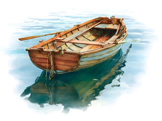 Obraz premium Watercolor Painting of a Wooden Rowboat on Water with Reflection - Nautical Illustration, Art, and Travel Theme