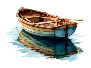 Obraz premium Watercolor Rowing Boat Illustration: Nautical Vessel with Oars and Reflections on Water