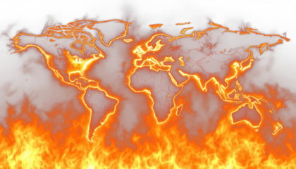 The world engulfed in fire reflects the urgency of a planet under strain where climate change and human actions collide creating a fragile balance between survival and collapse