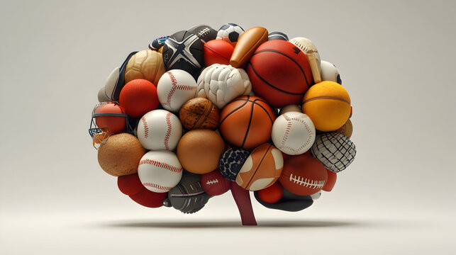 Innovative digital art of a human brain composed of various sports balls for creative design - Powered by Adobe