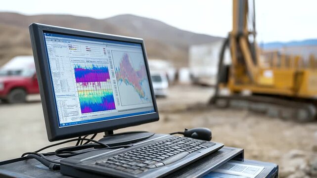 Geothermal site setting with Aerial view of advanced electromagnet representing geothermal wells, drilling automation, ROP gains, rig safety