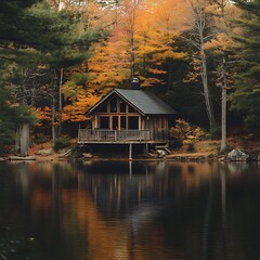Obraz premium Tranquil autumn cabin with boat by quiet lakeside high resolution picture