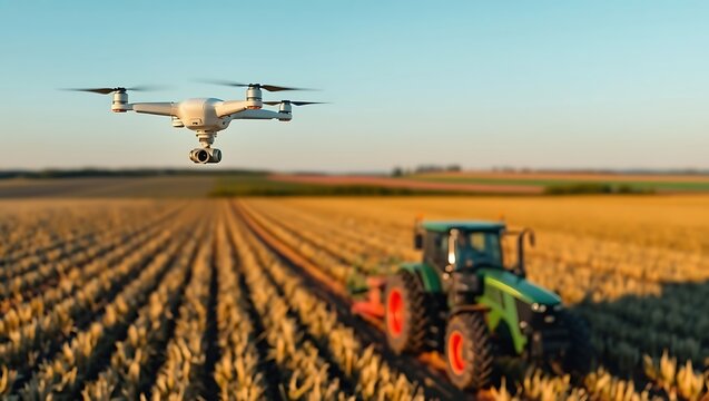 Drone surveying a farm field with a tractor plowing in the background - Powered by Adobe
