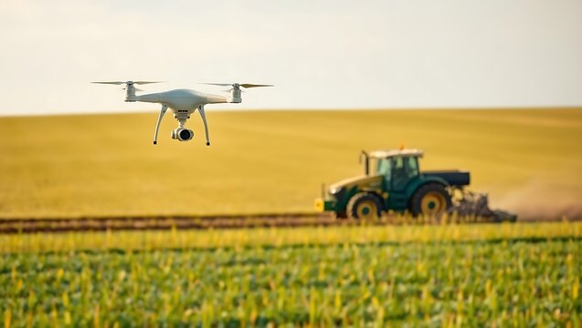 Drone flying over a farm field with a tractor plowing the soil