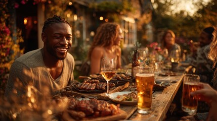 Group of friends gather at long wooden table for outdoor dinner party in Summer, enjoying food and drinks, with string lights