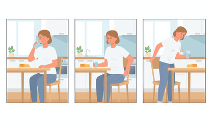 Woman experiencing back pain after sitting at kitchen table eating.