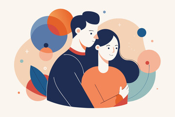 Couple hugging with abstract colorful circles and shapes