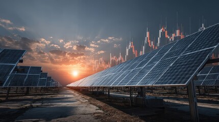Solar farm generates clean energy while financial charts show stock market volatility and industry downturn