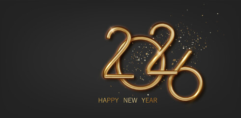 Happy New Year 2026 banner with gold number on dark background. Luxury holiday card design with glitter and light effects