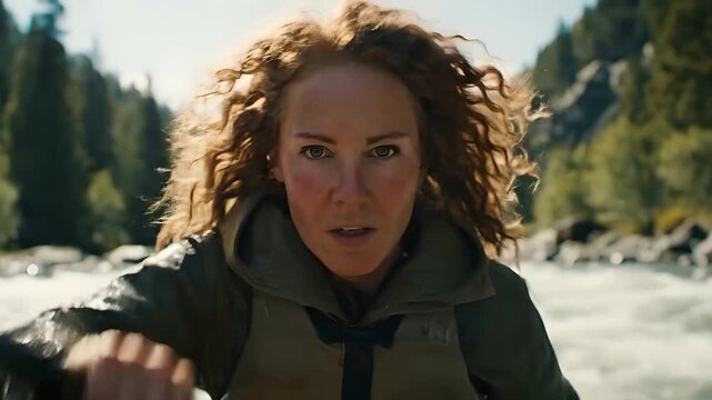 Red-haired woman kayaking on river, paddling upstream through white water rapids. Wilderness adventure, outdoor sports, survival, teamwork, adrenaline rush, and water sport concept.