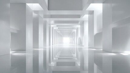 Obraz premium Minimalist interior with bright white corridors and reflective surfaces promoting tranquility and modern design aesthetics