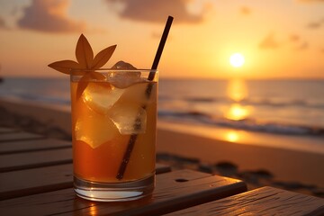 Tropical Cocktail with Ice and Garnish at Sunset Beach