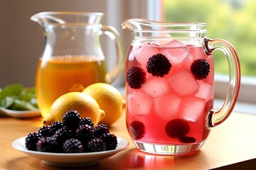 Refreshing Blackberry Lemonade in Glass Pitcher with Ice Cubes