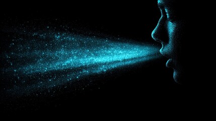 Futuristic Human Face Profile Emitting Blue Light Particles in Dark Background