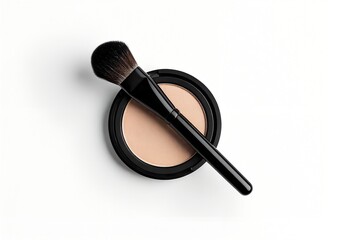 Compact Face Powder with Makeup Brush on White Background