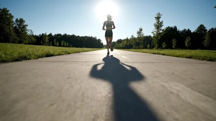 Woman running on a sunny day, enjoying a healthy lifestyle and outdoor exercise on a paved path with trees and grass surrounding her