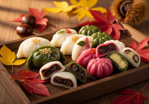 An exquisite assortment of traditional Japanese wagashi confectionery celebrating autumn with vibrant maple leaves and seasonal chestnuts