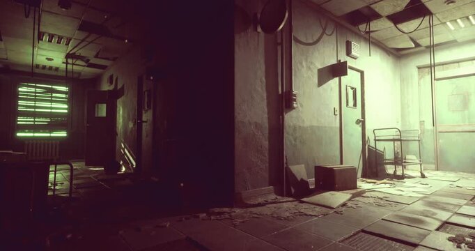 A dimly lit hallway in a decrepit building shows peeling walls and green light filtering through gaps. Disordered papers and debris cover the floor, hinting at neglect and disuse.