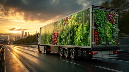 Delivery truck with fresh vegetables advertisement driving on the highway at sunset concept for healthy food transport and logistics