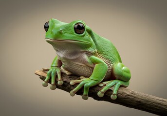 Fototapeta premium A close-up view of a green frog perched on a branch showcasing its natural beauty and the essence of the wildlife.