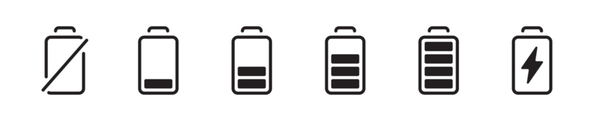 Battery energy recharge power flat outline icons set vector illustration. Isolated on transparent background. Editable stroke, pixel perfect