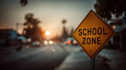 School zone sign at sunset a safety reminder for drivers emphasizing caution and awareness near educational areas
