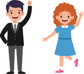 Happy boy in suit and cheerful girl in blue dress waving and celebrating together in vector style illustration 