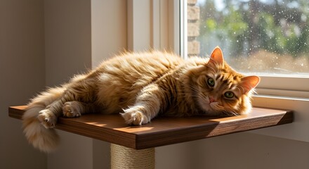 A relaxed orange tabby cat lounges on a wooden shelf by a sunny window, soaking in the warm light with a calm and content expression, embodying peacefulness and comfort in a cozy home.