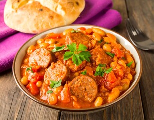 Hearty bean stew with sausage and bread
