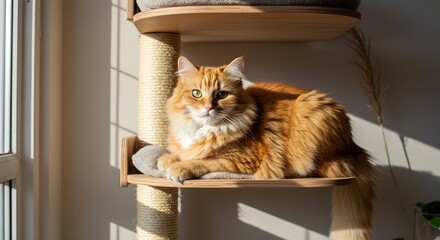 A fluffy orange tabby cat relaxes on a beige cat tree, basking in the warm sunlight streaming through the window, showcasing comfort, calmness, and a cozy indoor environment.