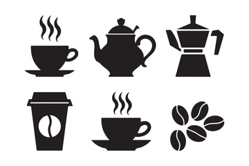 Black silhouette icons of coffee drinks and accessories