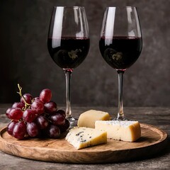 Title:
Two glasses of red wine with three cheeses and red grapes on wooden tray