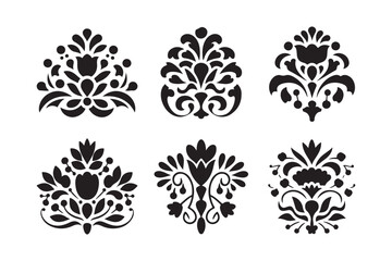 Six ornate black floral damask design elements