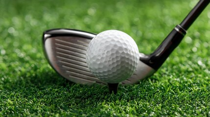 Golf Ball and Club on Green Grass Teeing Up for Swing