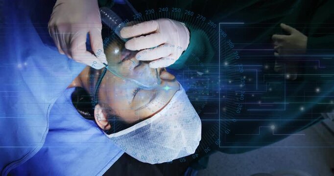 Surgeon aligning anesthesia mask to patient face, sealing for anesthesia via transparent interface