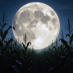 A giant, luminous moon dominates the night sky, casting its light over a field of tall corn stalks 