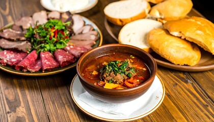Hearty meal with soup and cured meats