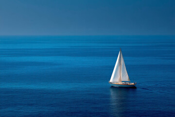 Fototapeta premium Sailboat with white sails glides peacefully on calm blue ocean water under clear sky, evoking serene and tranquil feeling of open sea adventure and freedom
