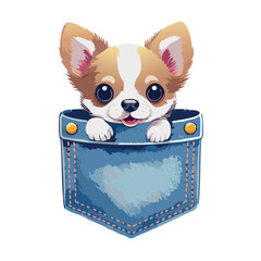 A kawaii Chihuahua puppy inside a blue jeans pocket, with its paws sticking out through little ripped holes in the pocket, clean vector art