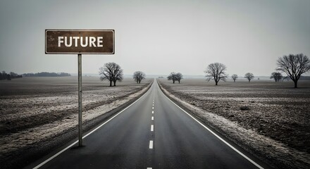Road leading to a sign with the word FUTURE in a desolate landscape