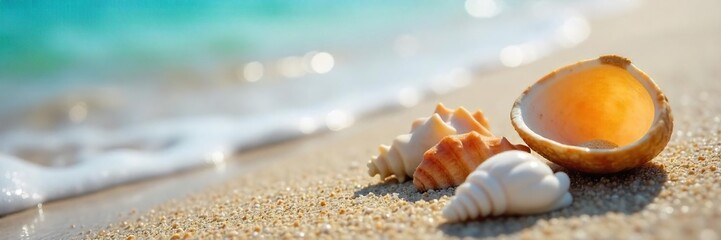 Close-up of seashells on a sandy beach, gentle waves lapping, conveying serenity and peaceful auditory imagery Perfect for relaxation, meditation, and spa themes , peace, ambient