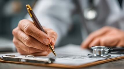 Doctor writes patient notes using pen and clipboard with stethoscope near in office at daytime