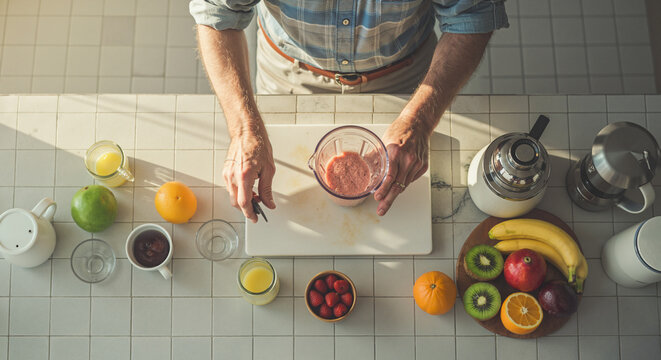 Man preparing smoothie with fruits in modern kitchen at daytime  