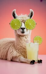  llama with lime glasses and cocktail drink, funny animal summer vacation, tropical vibes image