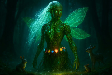 Obraz premium Ethereal green forest spirit with luminous wings surrounded by small animals image