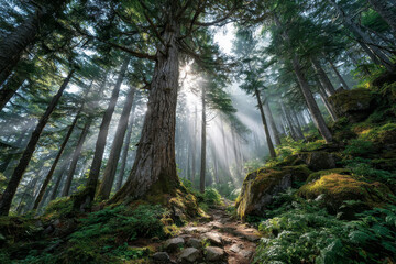 Fototapeta premium Sunlight shining through tall trees in dense forest with rocky path and lush green moss creating peaceful and serene natural atmosphere
